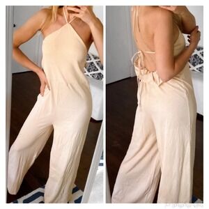 Zara Halter Ruffle Back Wide Leg Jumpsuit Beige Size Small Cotton Stretchy NWOT